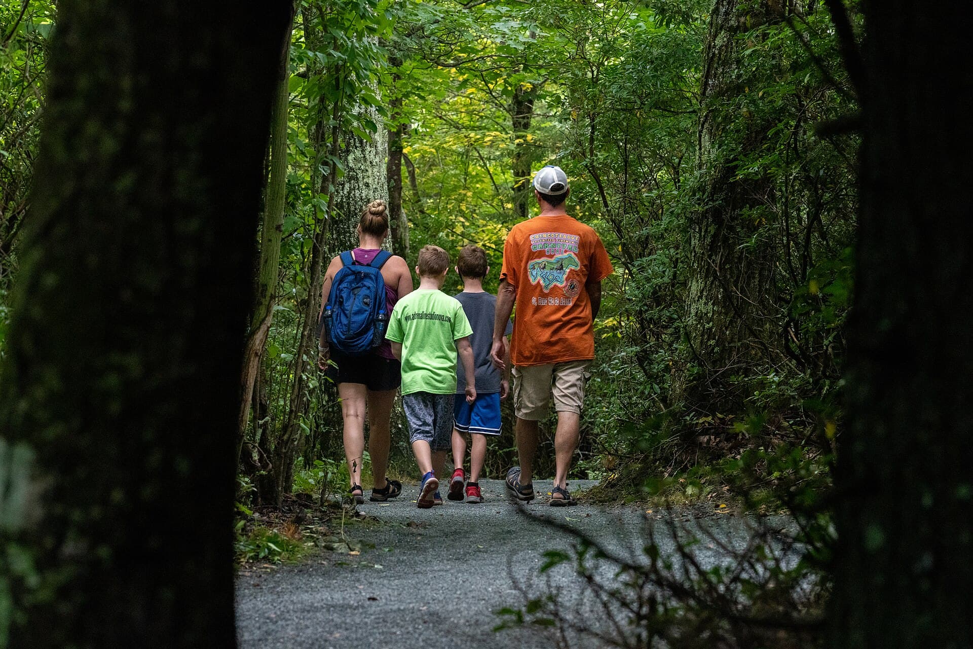 A family walking a shaded forest trail